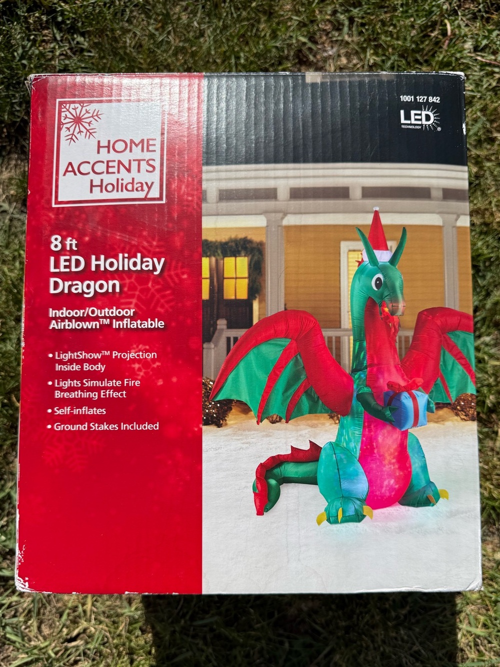 Home Accents Holiday 8ft LED Dragon Inflatable Christmas Present Airblown Yard